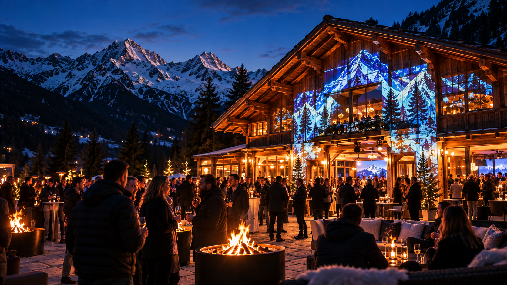 Réunion d'entreprise dans un chalet alpin face aux montagnes, avec écran de projection et participants