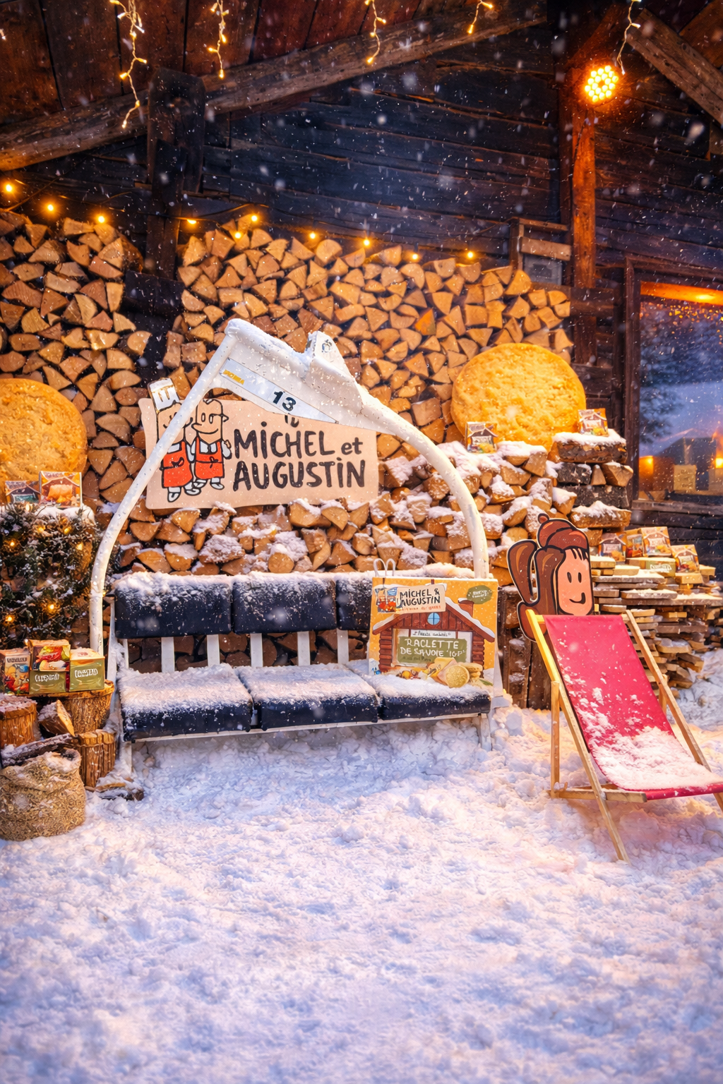 Décor enneigé Michel et Augustin devant un chalet à Manigod avec table de raclette