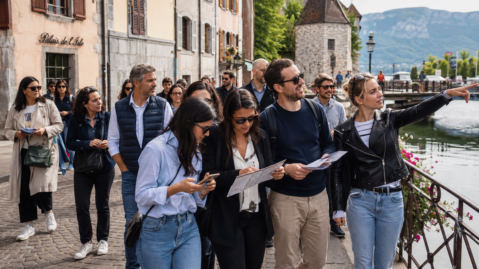 Groupe muni de cartes dans la vieille ville d'Annecy au bord d'un canal