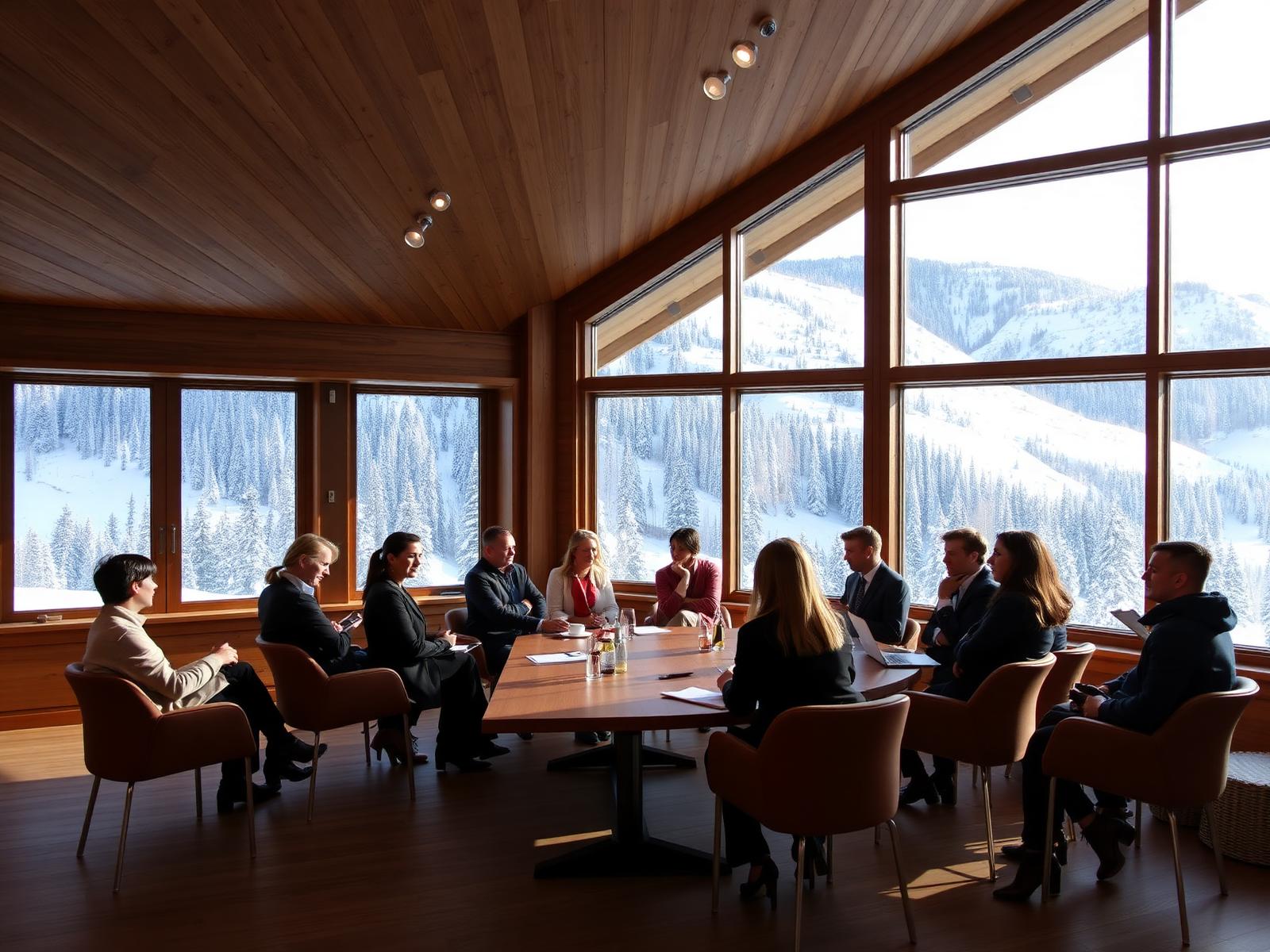 Réunion d'entreprise dans un chalet alpin contemporain face aux montagnes enneigées