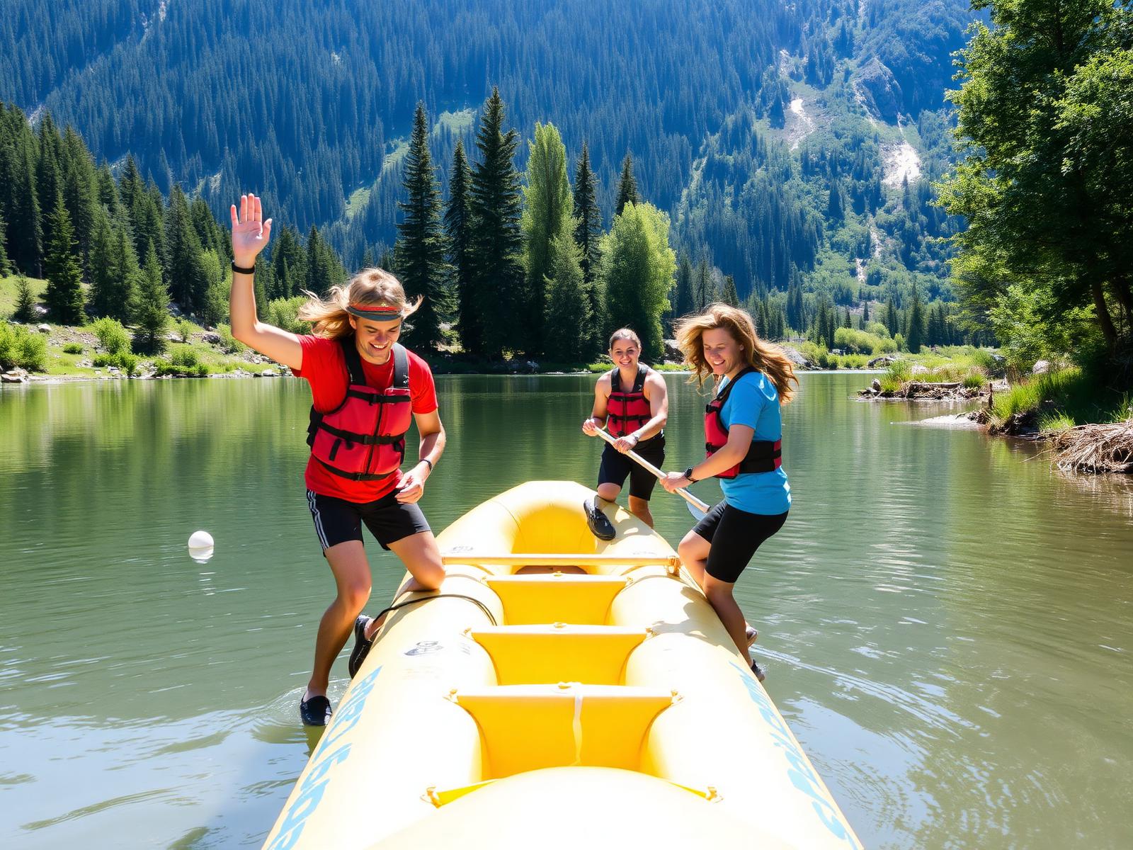 Équipe d'entreprise construisant un radeau sur un lac de montagne en été dans les Alpes